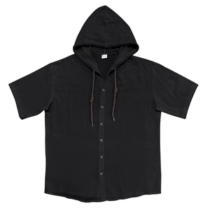 Detail of black hooded short sleeve shirt showing linen texture and drawstring hood