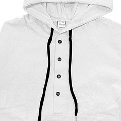 Close-up of white cotton hoodie collar with black drawstrings and M size label