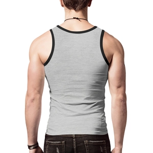 Close-up of heather grey men's tank top with black trim showing fabric texture and back fit