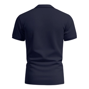 Detailed back view of a dark blue men's polo shirt with breathable honeycomb texture
