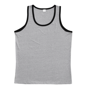 Detail of grey tank top featuring black contrast piping and soft cotton texture
