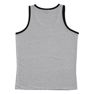 Detail of grey athletic tank top with black contrasting borders and breathable texture