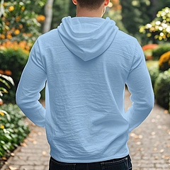 Rear view of a light blue men's hooded shirt showing the hood structure and back fit