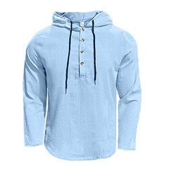 Detail of light blue linen hoodie with navy drawstrings and three-button placket closure