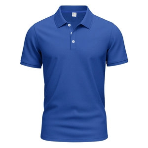 Detail of blue polo shirt showing honeycomb breathable mesh fabric and three-button collar