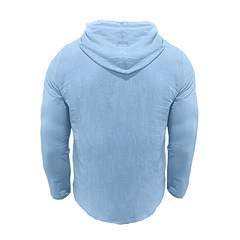 Back view of light blue men's hooded linen shirt showing detailed fabric texture and curved hem