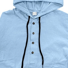 Detailed view of sky blue cotton hoodie neckline with dark buttons and black drawstrings