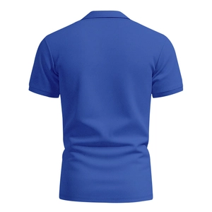 Rear view of royal blue polo shirt showing breathable pique knit fabric and ribbed cuffs