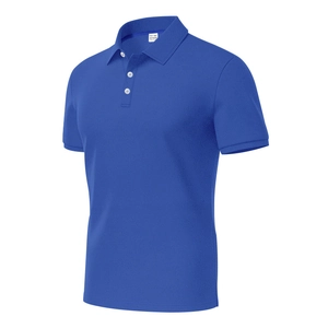 Close-up of royal blue polo shirt featuring breathable waffle texture and white buttons