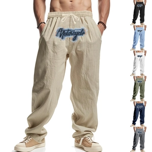 Herren Hip-Hop Kordelzughose mit Vintage-Motorraddruck aus khaki Baumwollstoff