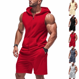 Men's two-piece casual sports set with red sleeveless hooded zip-up vest and shorts