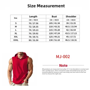 Detailed size chart for men's hooded zip-up gym vest with length and bust measurements