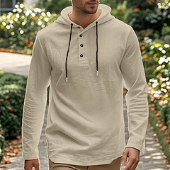 Detailed close-up of men's cream cotton linen hoodie shirt featuring waffle texture and buttons