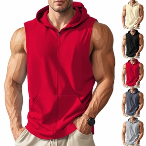 Detailed grid of men's hooded gym vests in red, beige, black, and various workout colors