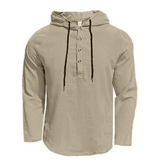 Detail of khaki linen hoodie featuring a three-button placket and black contrast drawstrings