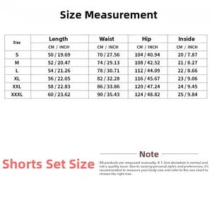 Detailed size chart for men's athletic shorts showing length, waist, hip and inside leg measures
