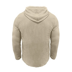 Rear view of tan men's linen hoodie showing the textured fabric and curved hem design