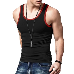 Men's breathable quick-dry slim fitness tank top in black with red contrast piping