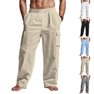 Pantalon Cargo en Lin pour Hommes Été Respirant Léger Décontracté Multi-poches Cordon de Serrage Taille Élastique Pantalon Large