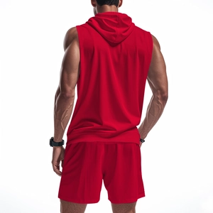Rear view of men's red hooded sleeveless workout vest and matching athletic shorts