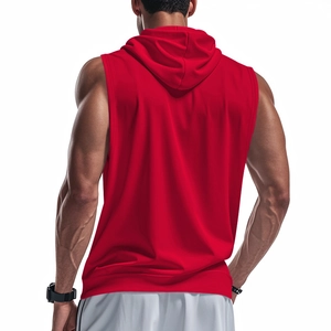 Men's red hooded workout tank top featuring a functional hood and deep armhole cut for gym