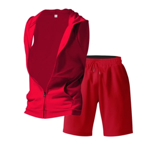 Detail view of red sleeveless hooded vest and drawstring shorts summer sports set