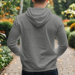 Back view of men's grey linen hooded sweatshirt showing texture in outdoor setting