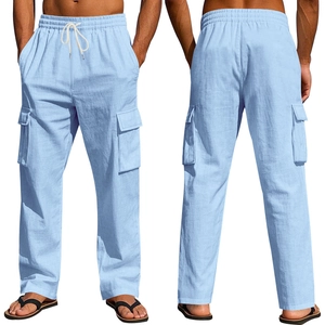 Pantalon cargo homme en lin bleu clair respirant avec taille élastique et poches à rabat