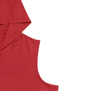Detail view of red sleeveless gym hoodie showing clean shoulder stitching and fabric texture