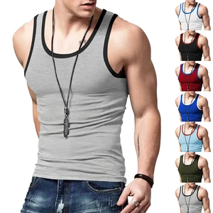 Men's slim fit quick-dry sports tank top in grey with black contrast piping detail