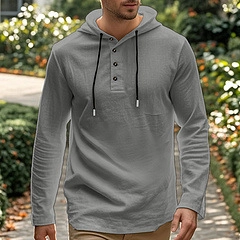 Detail of grey men's linen hoodie with Henley neckline buttons and black drawstring