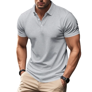 Men's slim fit short sleeve polo shirt in light gray textured pique cotton fabric