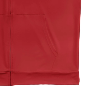 Detail view of red zip-up hoodie featuring a smooth texture and kangaroo pocket