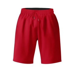 Detail of red athletic shorts with adjustable drawstring waist and double stitching