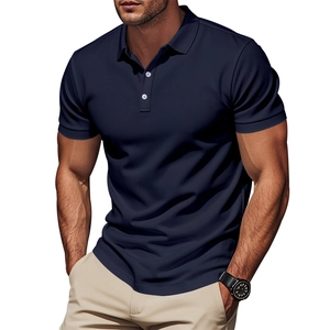 Classic slim fit dark blue men's short sleeve Polo shirt with three white buttons