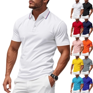 Close-up of slim fit Polo shirt collar featuring tricolor stripes and a three-button placket
