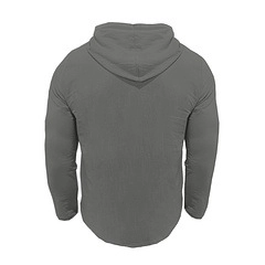 Rear view of dark grey hooded shirt showing premium cotton-linen blend fabric texture