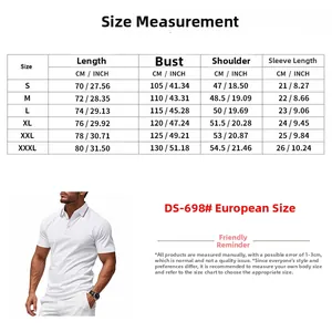 Detailed size chart with measurements for the men's quick-dry short sleeve golf polo shirt