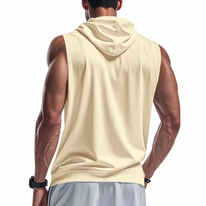 Rear view of a men's hooded fitness tank top in beige fabric showing the racerback design