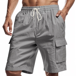 Men's loose linen cargo shorts in grey with elastic drawstring waist and side pockets