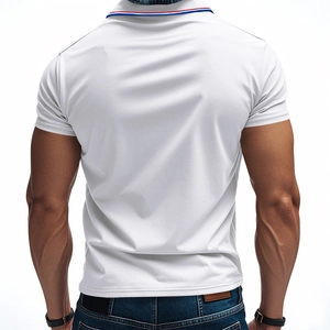 Rear view of white short-sleeve polo shirt featuring red, white, and blue striped collar detail