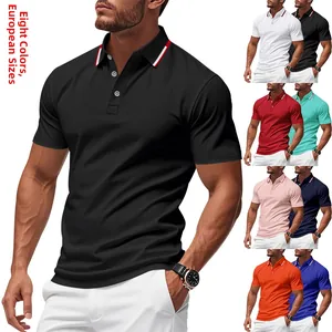 Detail of slim fit Polo shirt collar with red and white stripes and three-button placket