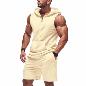 Men's summer fitness two-piece set with hooded zip vest and drawstring shorts in cream
