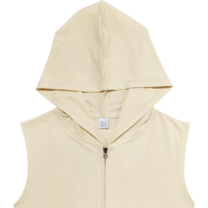 Detail of label showing 95% polyester fabric and size L on men's hooded zip-up vest