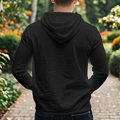 Rear view of men's casual black hooded shirt in premium cotton linen blend fabric