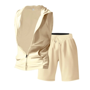 Detail of men's beige sleeveless hooded zip cardigan and matching casual sports shorts