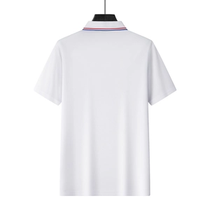 Rear view of white quick-dry golf polo shirt featuring red and blue striped collar detail