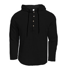 Detail of black cotton linen shirt with hooded henley neck and drawstring cord adjustment