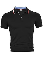 Detailed macro view of black polo shirt collar with red and white striped edge detail