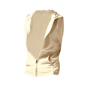 Detail of beige sleeveless hoodie vest with full zipper closure and front pockets